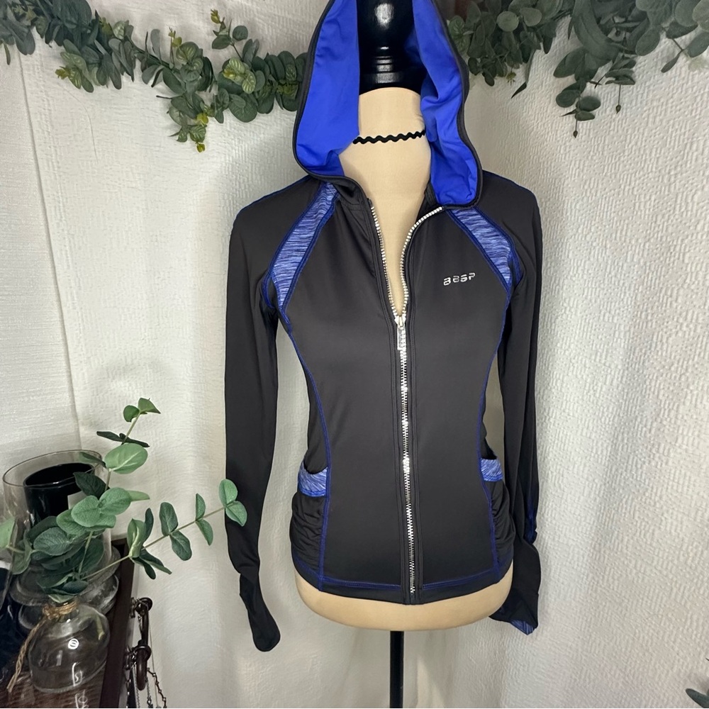 Bebe Sport Gray & Blue Zip-Up Athletic Jacket w/ Hoodie & Thumb Holes /Medium